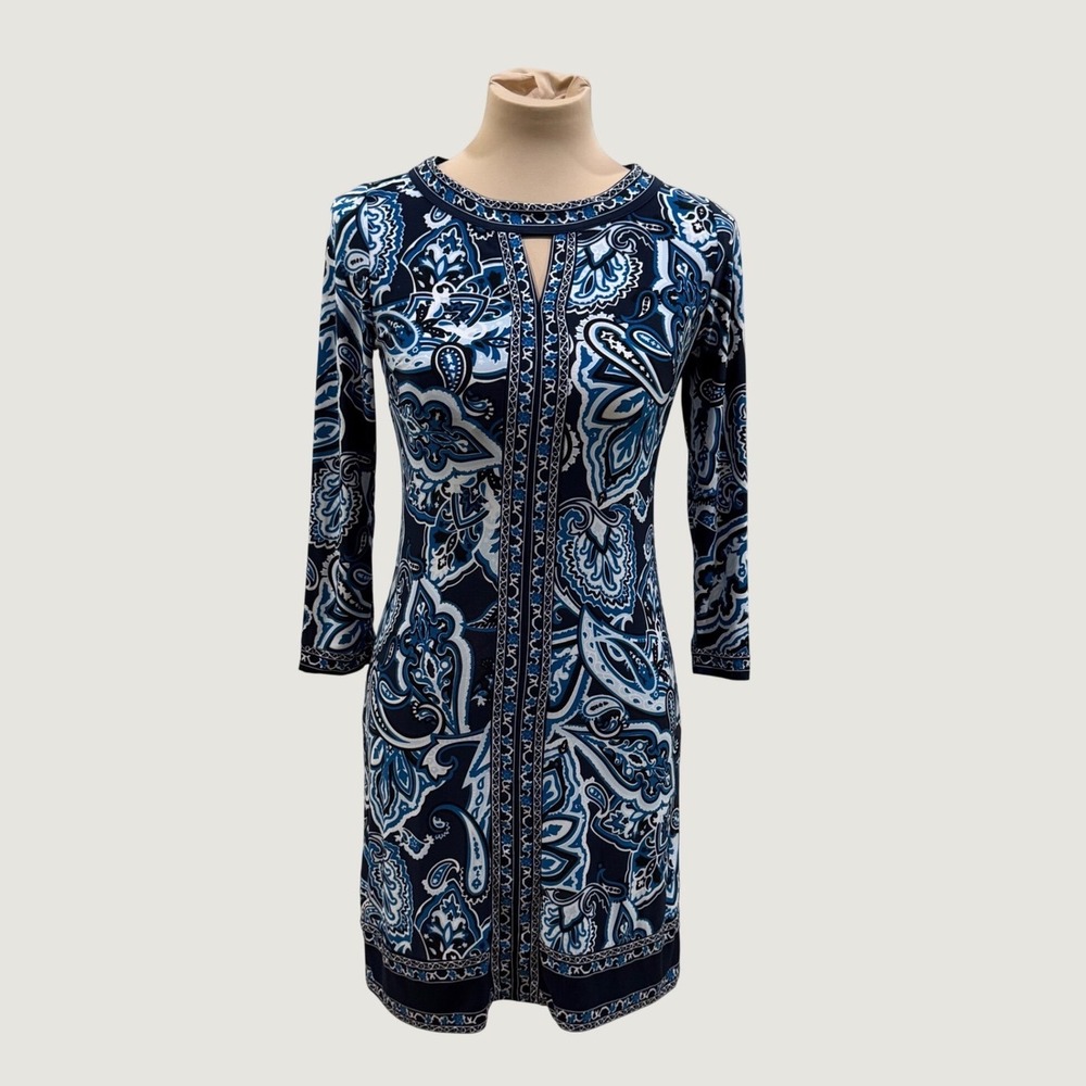INC International Concepts Paisley Sheath Dress Blue XS Preppy Workwear Artsy